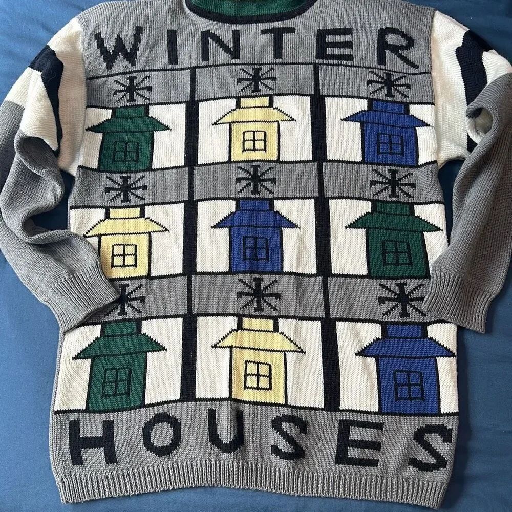Vintage Sweater Bee Wool Blend Turtleneck Sweater Winter Houses Small
